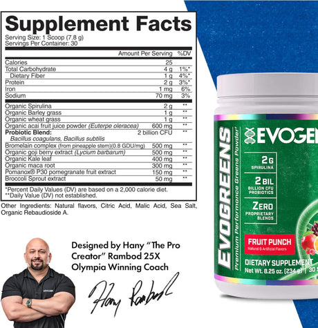 Evogen Evogreens Super Greens Powder 30 Servicios Fruit Punch 234Gr.