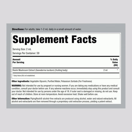 PIPING ROCK - Piping Rock Reishi Mushroom Tincture 4 Fl.Oz. - The Red Vitamin MX - Suplementos Alimenticios - {{ shop.shopifyCountryName }}