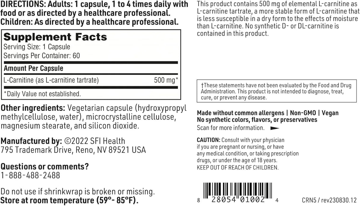 KLAIRE LABS - Klaire Labs L-Carnitine Tartrate 500Mg. 60 Capsulas - The Red Vitamin MX - Suplementos Alimenticios - {{ shop.shopifyCountryName }}