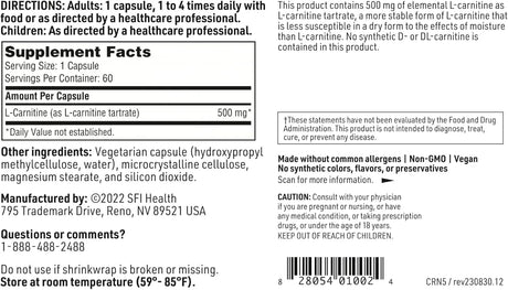 KLAIRE LABS - Klaire Labs L-Carnitine Tartrate 500Mg. 60 Capsulas - The Red Vitamin MX - Suplementos Alimenticios - {{ shop.shopifyCountryName }}