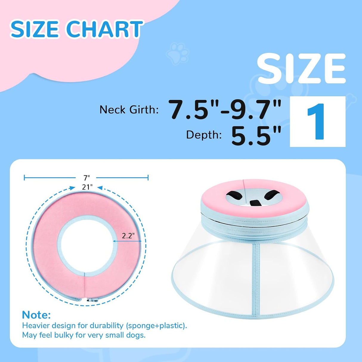 ICOYEA Sponge Core Dog Cone PINK Size 1 Neck: 7.5"- 9.7"