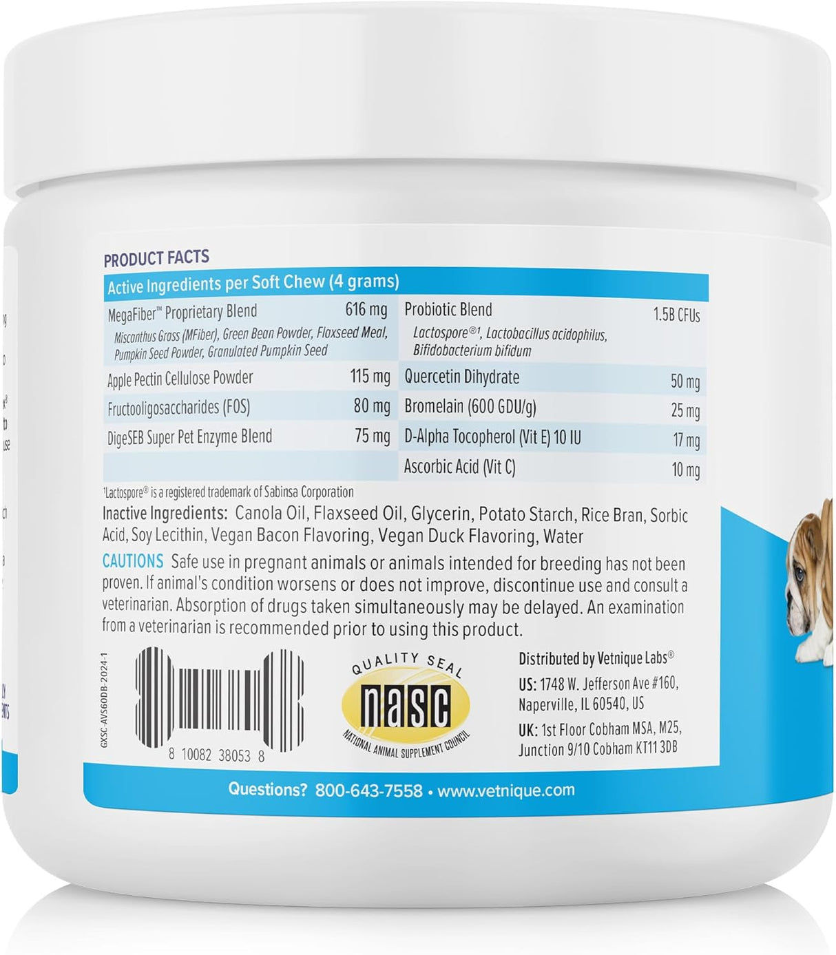 Vetnique Advanced Strength Glandex Anal Gland Soft Chew Duck Bacon 60 Masticables