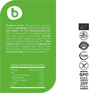 BOBICA - b Organic Wheatgrass Powder 454Gr. - The Red Vitamin MX - Suplementos Alimenticios - {{ shop.shopifyCountryName }}