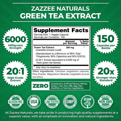 ZAZZEE NATURALS - Zazzee Extra Strength Green Tea 20:1 Extract 150 Capsulas - The Red Vitamin MX - Suplementos Alimenticios - {{ shop.shopifyCountryName }}