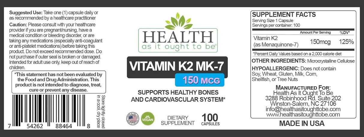 HEALTH AS IT OUGHT TO BE - Health As It Ought To Be Vitamin K2 MK7 150mcg 100 Capsulas - The Red Vitamin MX - Suplementos Alimenticios - {{ shop.shopifyCountryName }}