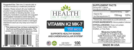 HEALTH AS IT OUGHT TO BE - Health As It Ought To Be Vitamin K2 MK7 150mcg 100 Capsulas - The Red Vitamin MX - Suplementos Alimenticios - {{ shop.shopifyCountryName }}