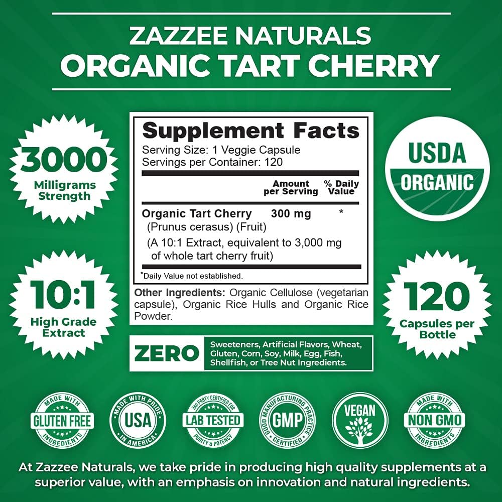 Zazzee USDA Organic Tart Cherry 10:1 Extract 3000Mg. 120 Capsulas