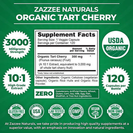 Zazzee USDA Organic Tart Cherry 10:1 Extract 3000Mg. 120 Capsulas