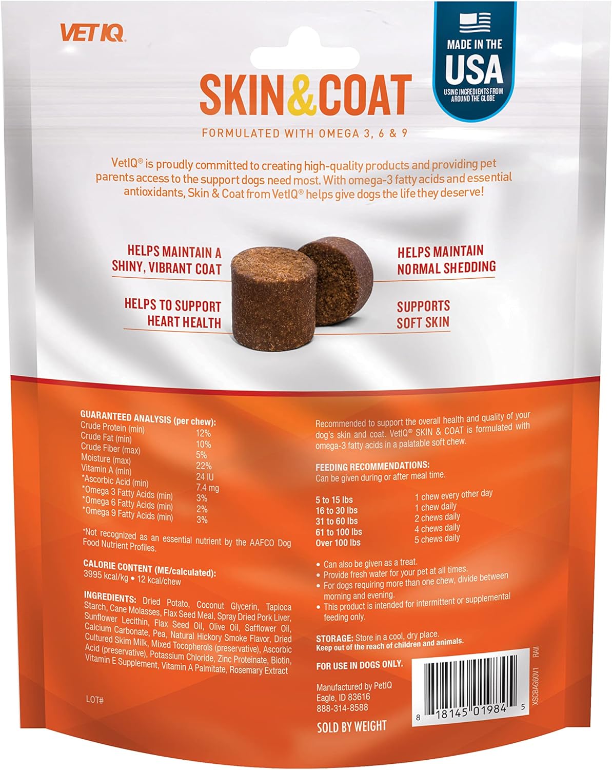 VetIQ Skin and Coat Supplement for Dogs 60 Masticables 2 Pack