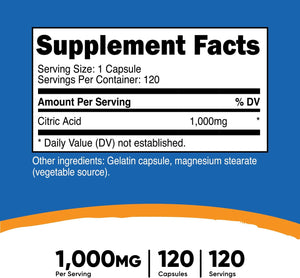 Nutricost Citric Acid 1000Mg. 120 Capsulas