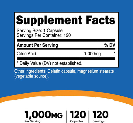 Nutricost Citric Acid 1000Mg. 120 Capsulas