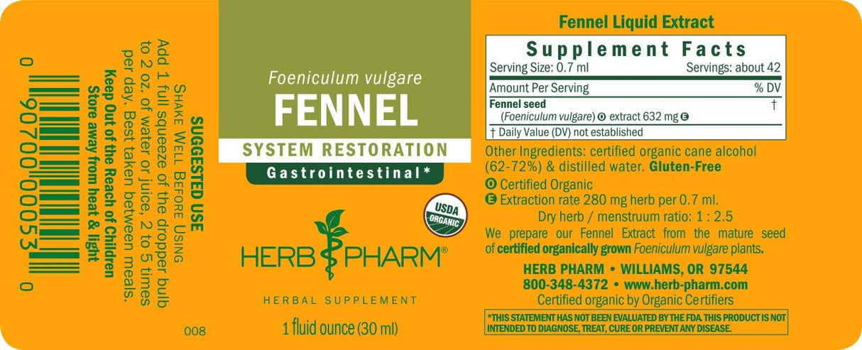 HERB PHARM - Herb Pharm Certified Organic Fennel Liquid Extract 1 Fl.Oz. - The Red Vitamin MX - Suplementos Alimenticios - {{ shop.shopifyCountryName }}