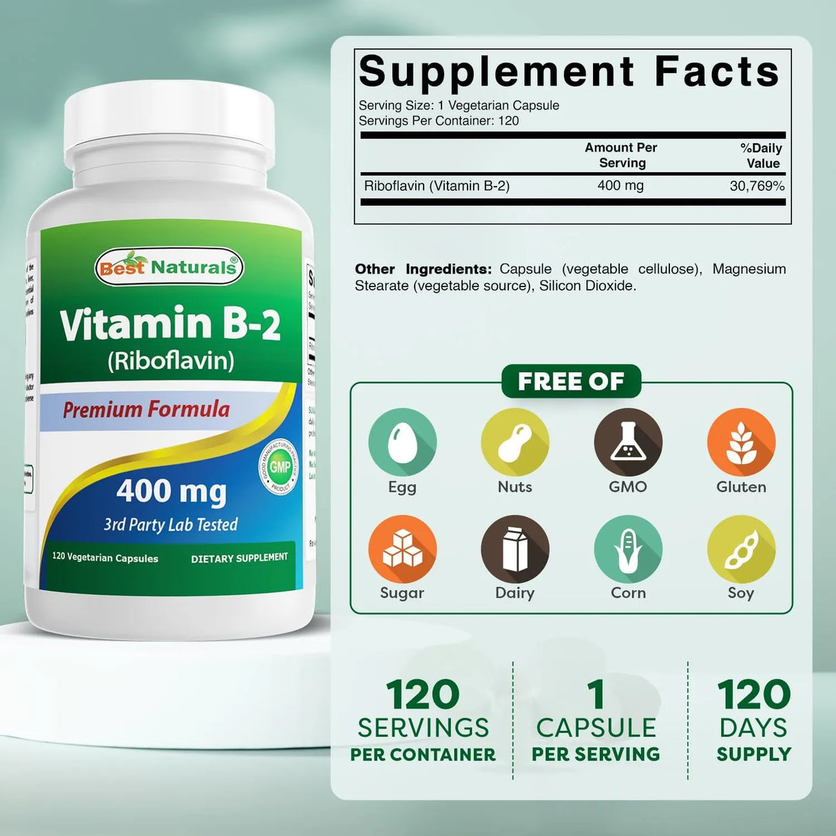 BEST NATURALS - Best Naturals Vitamin B2 400Mg. 120 Capsulas - The Red Vitamin MX - Suplementos Alimenticios - {{ shop.shopifyCountryName }}