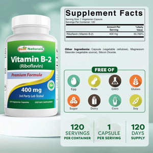 BEST NATURALS - Best Naturals Vitamin B2 400Mg. 120 Capsulas - The Red Vitamin MX - Suplementos Alimenticios - {{ shop.shopifyCountryName }}