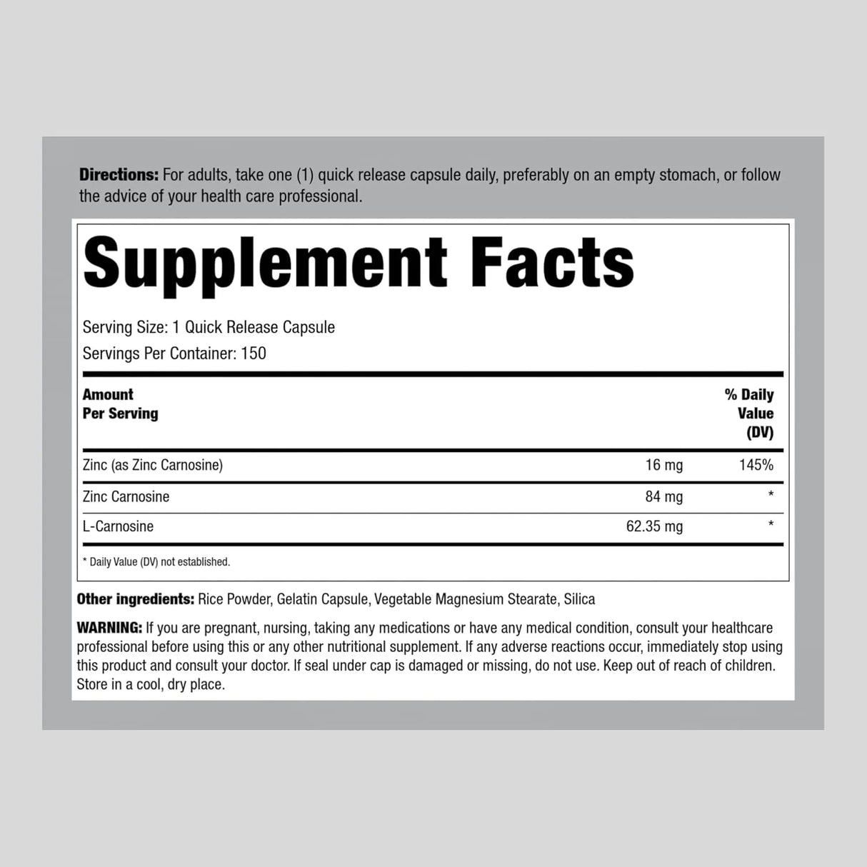 PIPING ROCK - Piping Rock Zinc Carnosine 84Mg. 150 Capsulas - The Red Vitamin MX - Suplementos Alimenticios - {{ shop.shopifyCountryName }}