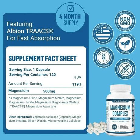 PURELY OPTIMAL - Purely Optimal Magnesium Complex 500Mg. 120 Capsulas - The Red Vitamin MX - Suplementos Alimenticios - {{ shop.shopifyCountryName }}
