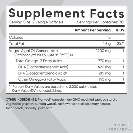 SPORTS RESEARCH - Sports Research Vegan Omega-3 Fish Oil Alternative from Algae Oil 60 Capsulas Blandas - The Red Vitamin MX - Suplementos Alimenticios - {{ shop.shopifyCountryName }}