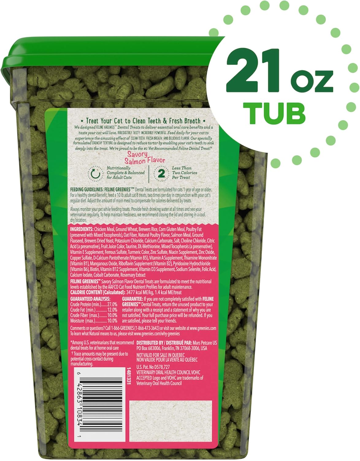 Greenies Feline Adult Dental Cat Treats Savory Salmon Flavor 595Gr.