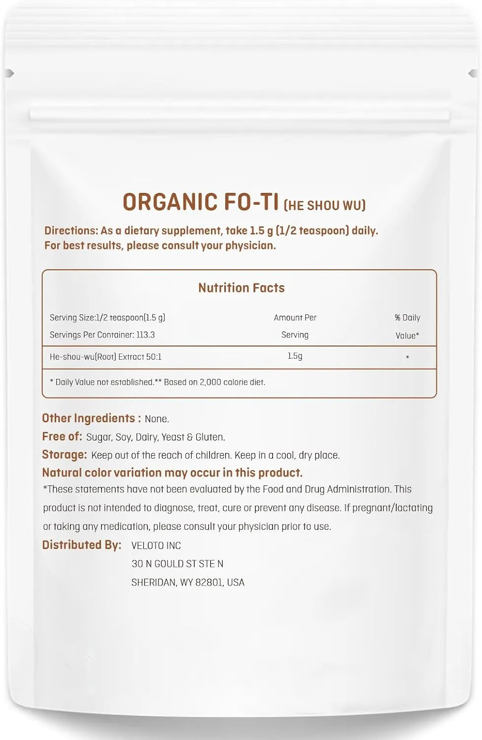 VELOTO - VELOTO Organic He Shou Wu Pure Fo Ti Extract Powder 170Gr. - The Red Vitamin MX - Suplementos Alimenticios - {{ shop.shopifyCountryName }}