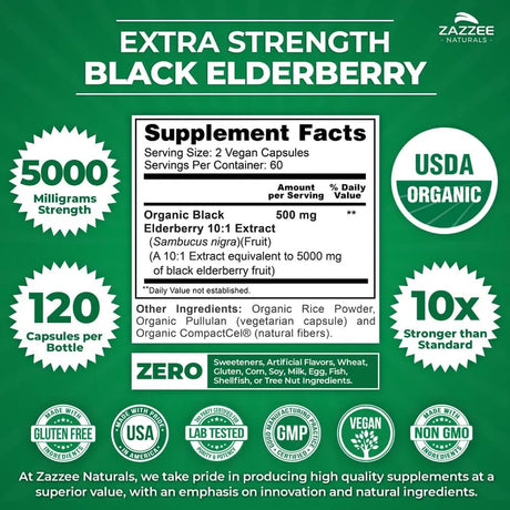 ZAZZEE NATURALS - Zazzee USDA Organic Black Elderberry 120 Capsulas - The Red Vitamin MX - Suplementos Alimenticios - {{ shop.shopifyCountryName }}