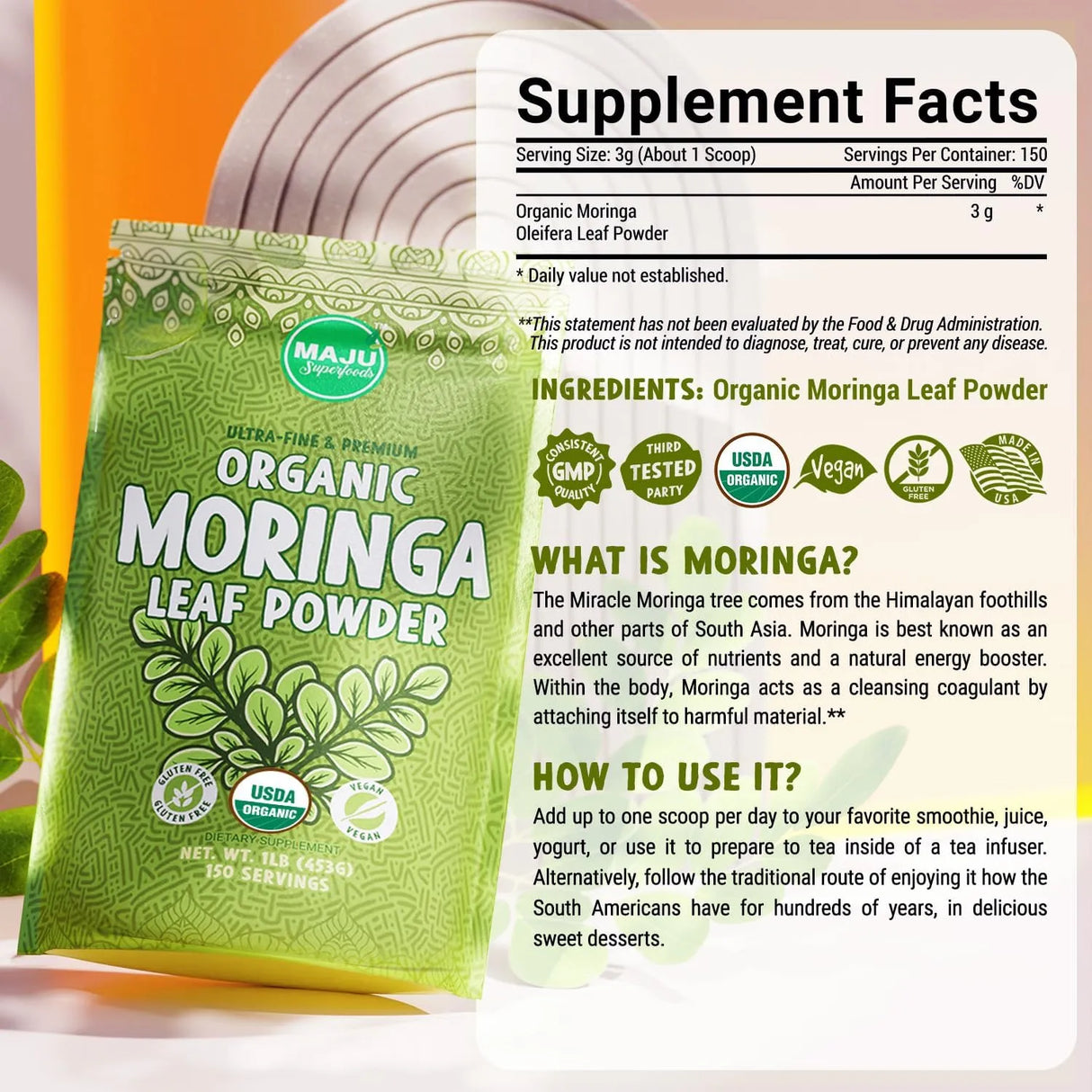 MAJU SUPERFOODS - MAJU's Organic Moringa Powder 453Gr. - The Red Vitamin MX - Suplementos Alimenticios - {{ shop.shopifyCountryName }}