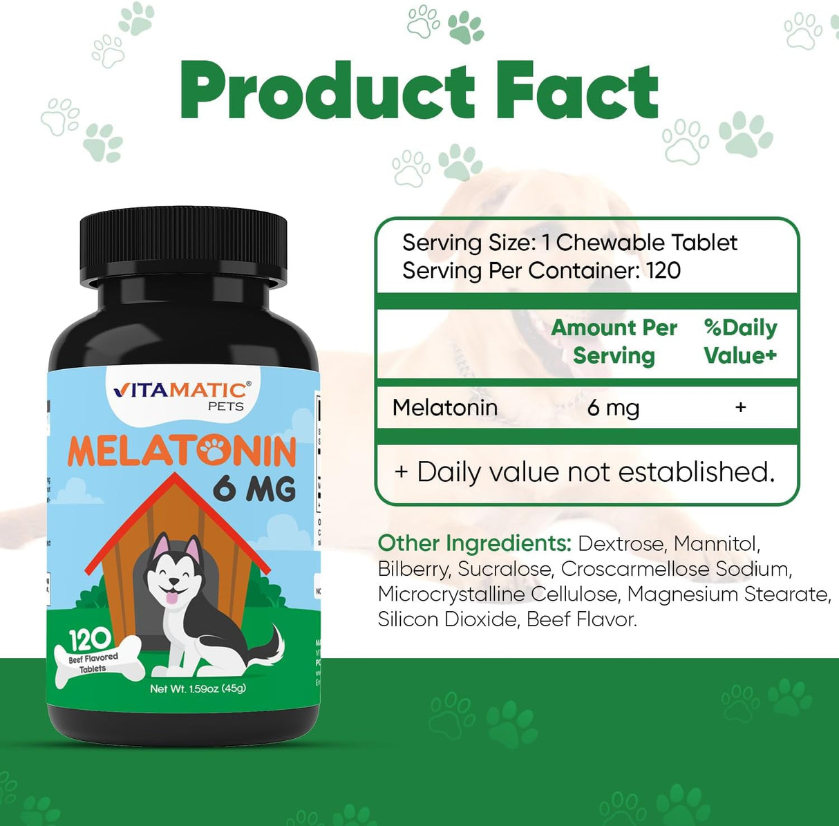 Vitamatic Melatonin for Dogs Beef Flavor 6Mg. 120 Tabletas Masticables