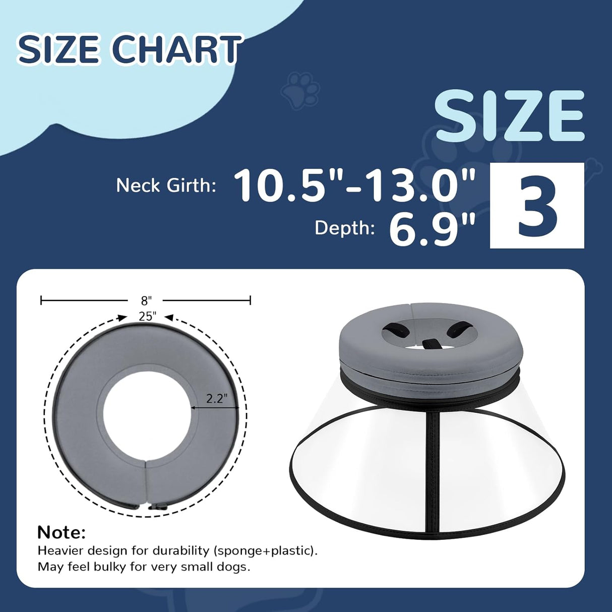 ICOYEA Sponge Core Dog Cone GRAY Size 3 Neck: 10.5"- 13.0"