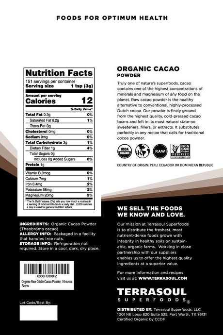 Terrasoul Superfoods Raw Organic Cacao Powder 454Gr.