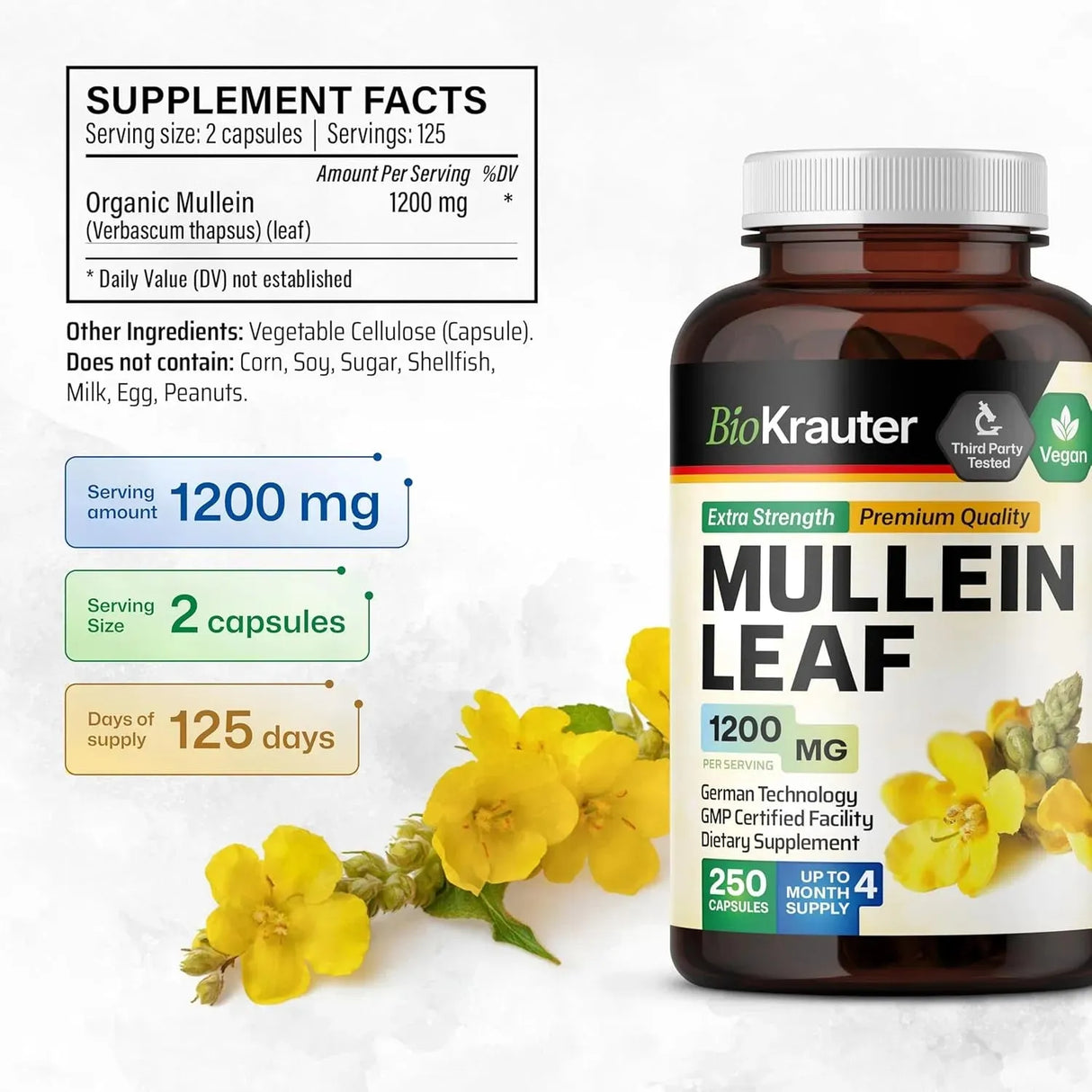 BIOKRAUTER - BIO KRAUTER Mullein Capsules for Lungs Detox 1200Mg. 250 Capsulas - The Red Vitamin MX - Suplementos Alimenticios - {{ shop.shopifyCountryName }}