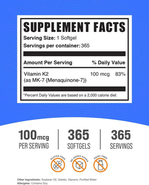 BULK SUPPLEMENTS - Bulk Supplements Vitamin K2 MK7 100mcg 365 Capsulas Blandas - The Red Vitamin MX - Suplementos Alimenticios - {{ shop.shopifyCountryName }}