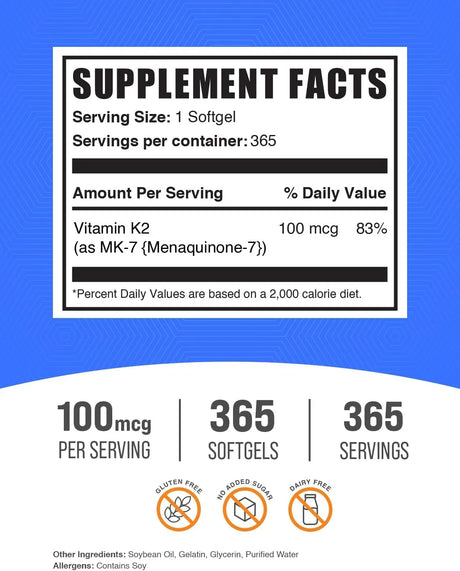 BULK SUPPLEMENTS - Bulk Supplements Vitamin K2 MK7 100mcg 365 Capsulas Blandas - The Red Vitamin MX - Suplementos Alimenticios - {{ shop.shopifyCountryName }}