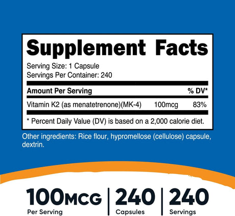 NUTRICOST - Nutricost Vitamin K2 MK4 100mcg 240 Capsulas - The Red Vitamin MX - Suplementos Alimenticios - {{ shop.shopifyCountryName }}