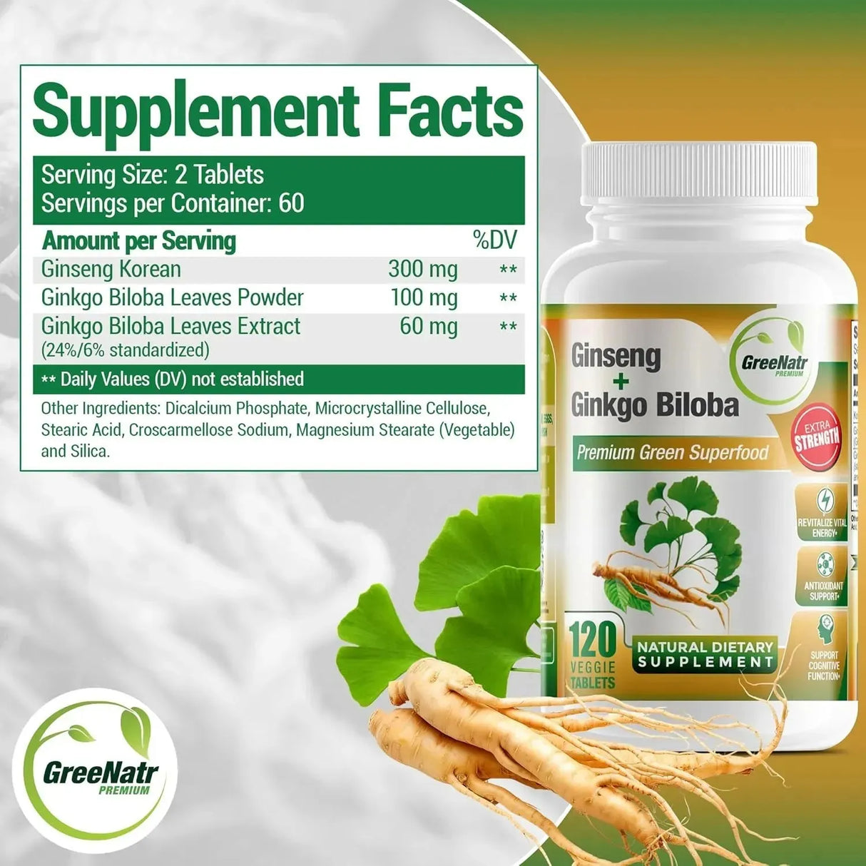 GREENATR - GreeNatr Ginko Biloba & Panax Ginseng 120 Tabletas - The Red Vitamin MX - Suplementos Alimenticios - {{ shop.shopifyCountryName }}