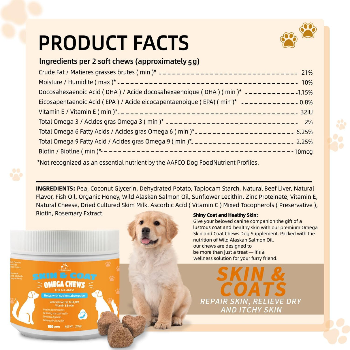 NEWXILAI Skin and Coat Chews for Dogs 100 Masticables