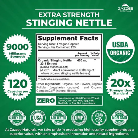 ZAZZEE NATURALS - Zazzee USDA Organic Stinging Nettle 20:1 Extract 120 Capsulas - The Red Vitamin MX - Suplementos Alimenticios - {{ shop.shopifyCountryName }}