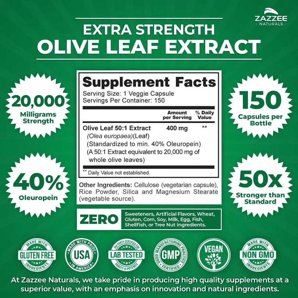 ZAZZEE NATURALS - Zazzee Extra Strength Olive Leaf 50:1 Extract 150 Capsulas - The Red Vitamin MX - Suplementos Alimenticios - {{ shop.shopifyCountryName }}