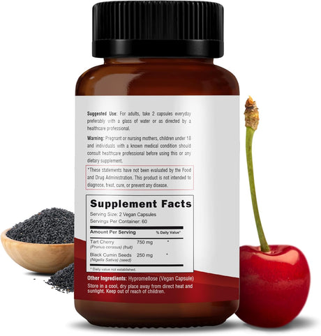 RAWYA Nutrition Tart Cherry Extract with Black Seed Powder 500Mg. 120 Capsulas