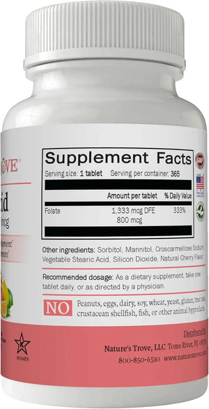 NATURE´S TROVE - Nature's Trove Folic Acid 800mcg 365 Tabletas Masticables - The Red Vitamin MX - Suplementos Alimenticios - {{ shop.shopifyCountryName }}