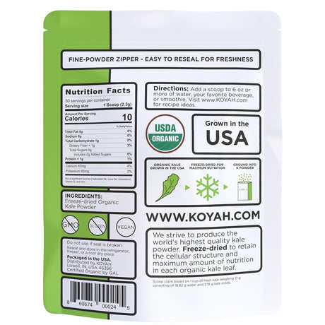 KOYAH Organic USA Grown Kale Powder 30 Servicios 69Gr.