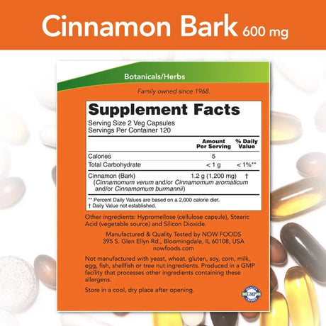 NOW SUPPLEMENTS - NOW Supplements Cinnamon Bark 600Mg. 240 Capsulas - The Red Vitamin MX - Suplementos Alimenticios - {{ shop.shopifyCountryName }}