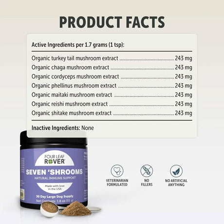 FOUR LEAF ROVER - FOUR LEAF ROVER Seven Shrooms Organic Mushroom Supplement for Dogs 51Gr. - The Red Vitamin MX - Suplementos Herbales Para Perros - {{ shop.shopifyCountryName }}