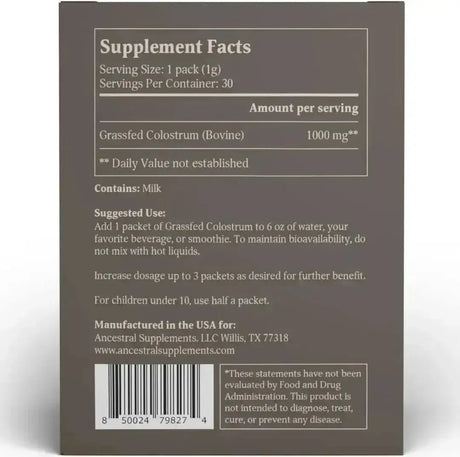 ANCESTRAL SUPPLEMENTS - Ancestral Supplements Grass Fed Beef Bovine Colostrum Powder Unflavored 30 Paquetes - The Red Vitamin MX - Suplementos Alimenticios - {{ shop.shopifyCountryName }}