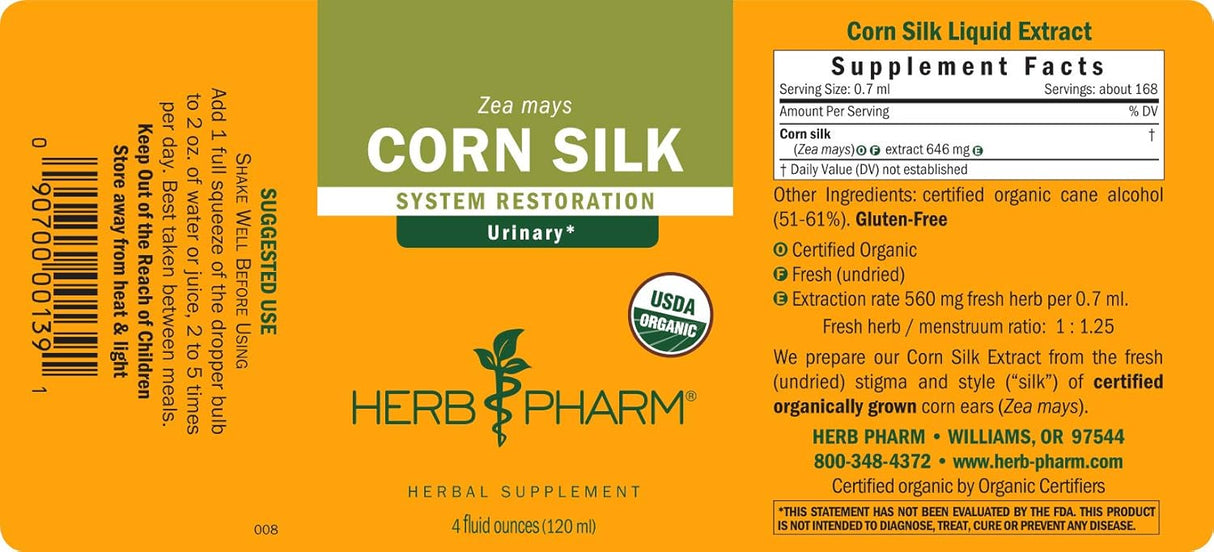 Herb Pharm Certified Organic Corn Silk Liquid Extract 4 Fl.Oz.