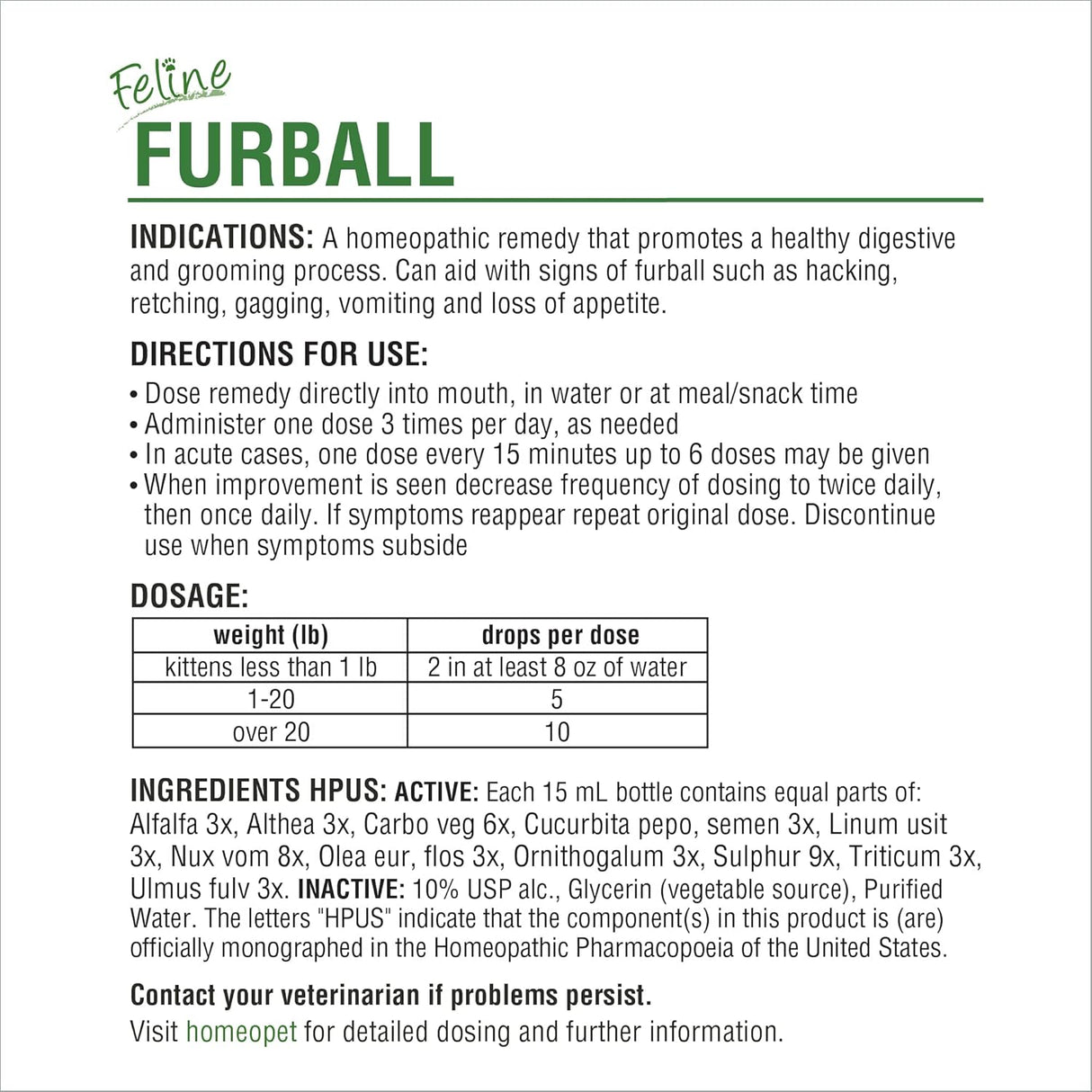 HomeoPet Feline Furball Natural Pet Medicine 15Ml.