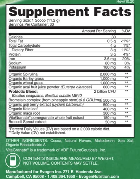 Evogen Evogreens Super Greens Powder 30 Servicios Chocolate 336Gr.