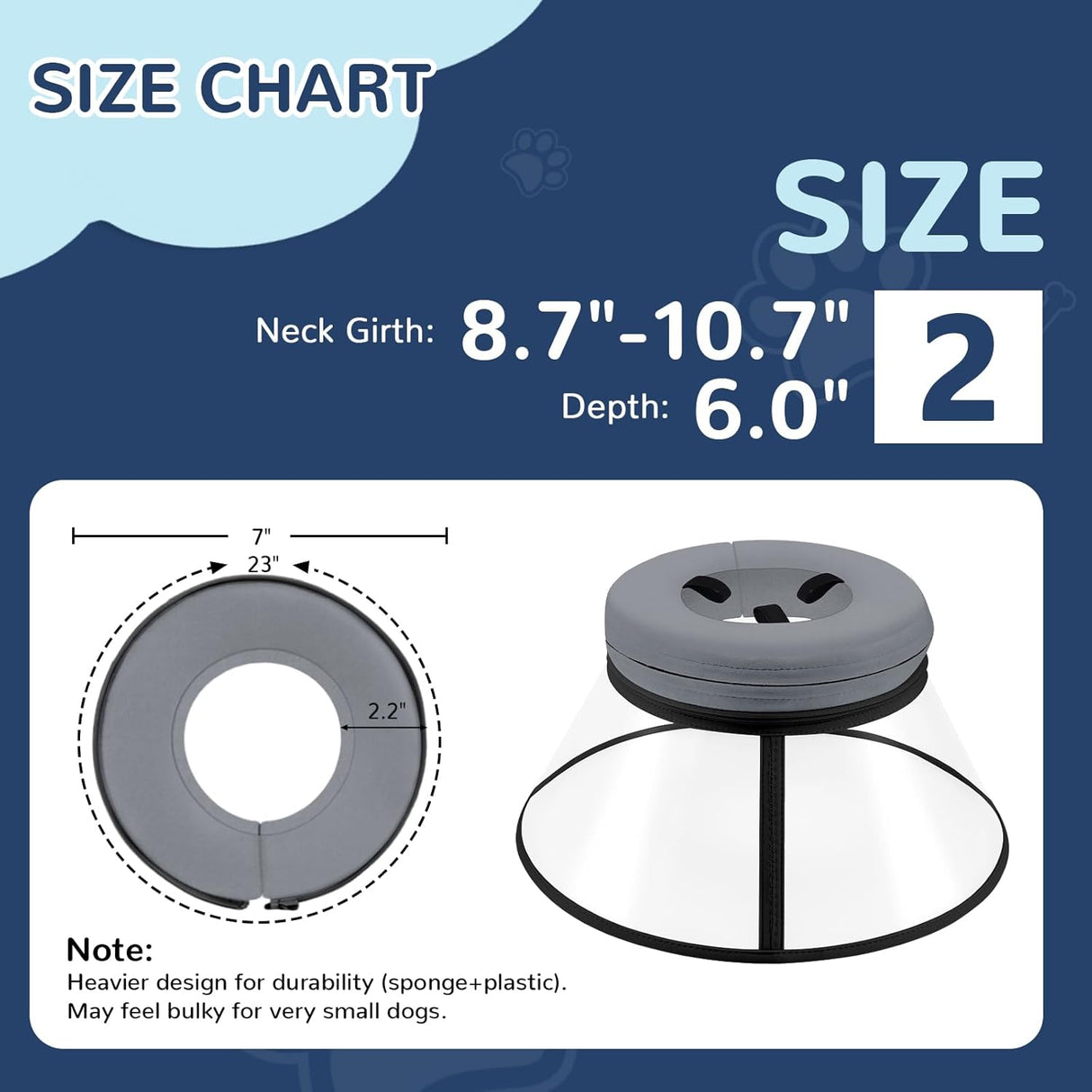 ICOYEA Sponge Core Dog Cone GRAY Size 2 Neck: 8.7"- 10.7"