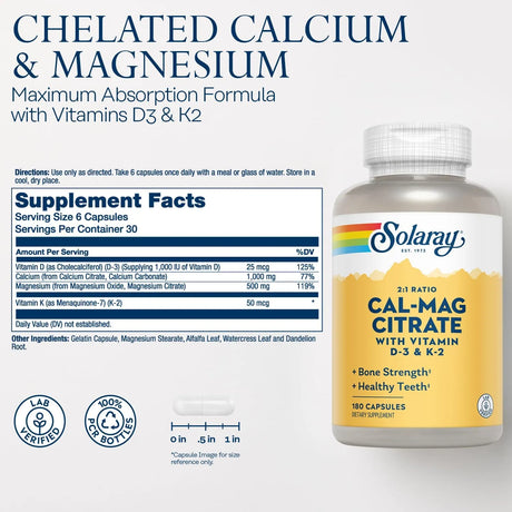 SOLARAY - Solaray Cal-Mag Citrate 2:1 with D-3 & K-2 180 Capsulas - The Red Vitamin MX - Suplementos Alimenticios - {{ shop.shopifyCountryName }}
