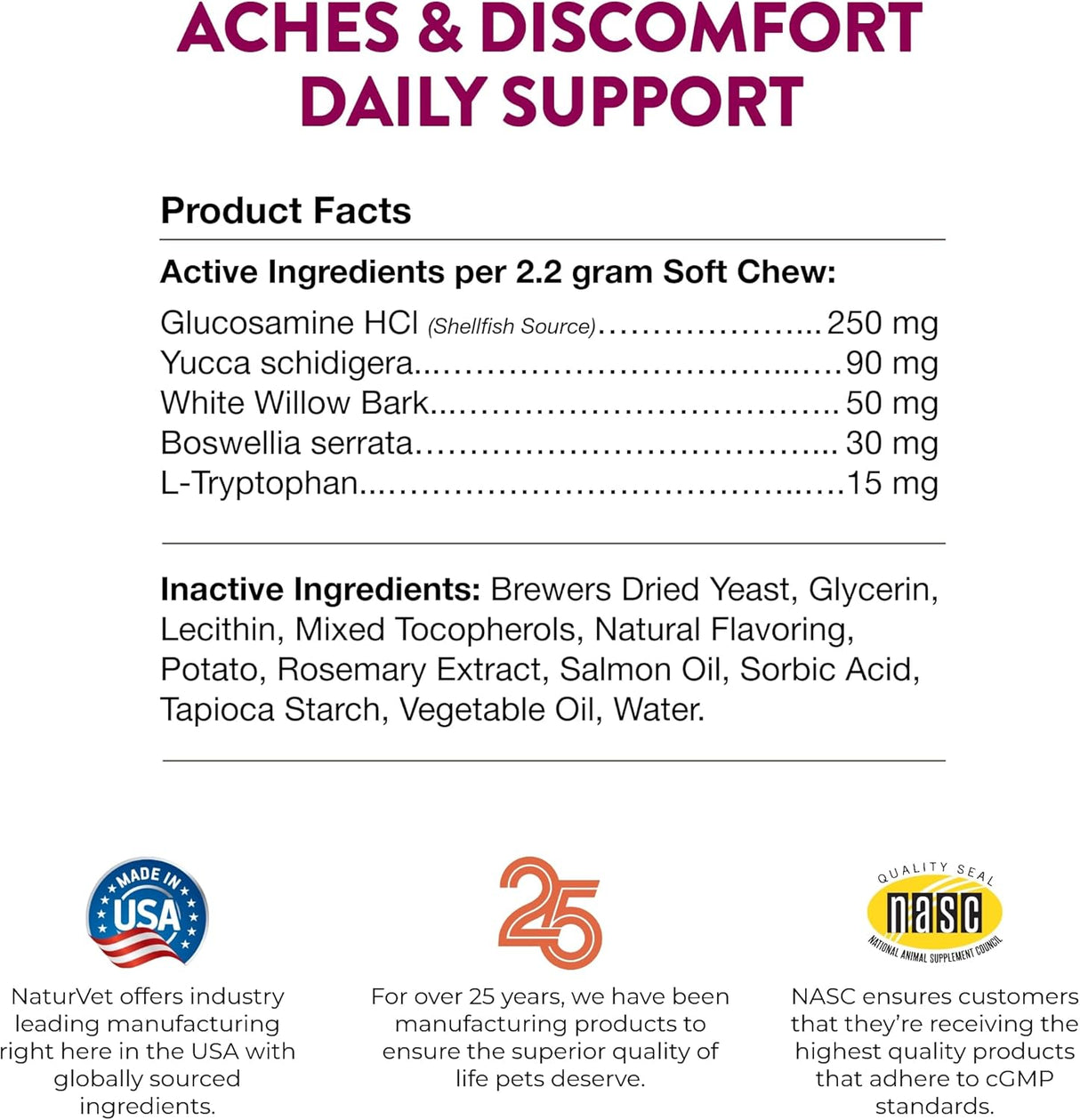 NaturVet Aches & Discomfort Dog Supplement Plus Glucosamine 30 Masticables