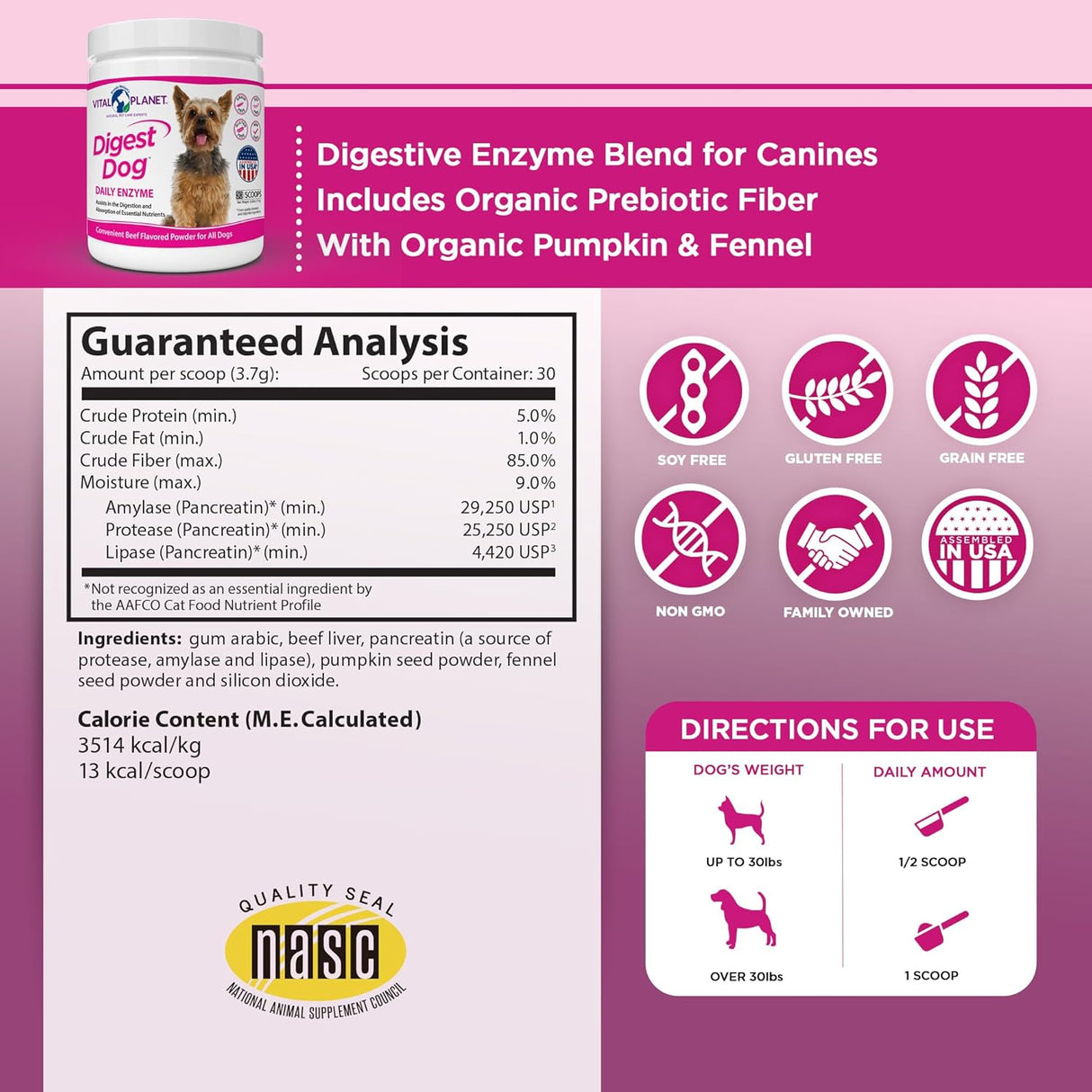 Vital Planet Digest Dog Digestive Pancreatic Enzyme Blend 30 Servicios 111Gr.