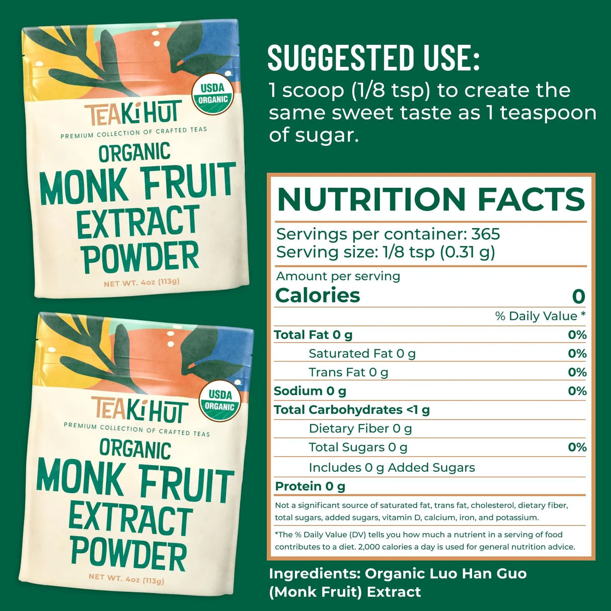 TEAKI HUT - TEAki Hut Organic Pure Monk Fruit Sweetener 113Gr. - The Red Vitamin MX - Suplementos Alimenticios - {{ shop.shopifyCountryName }}